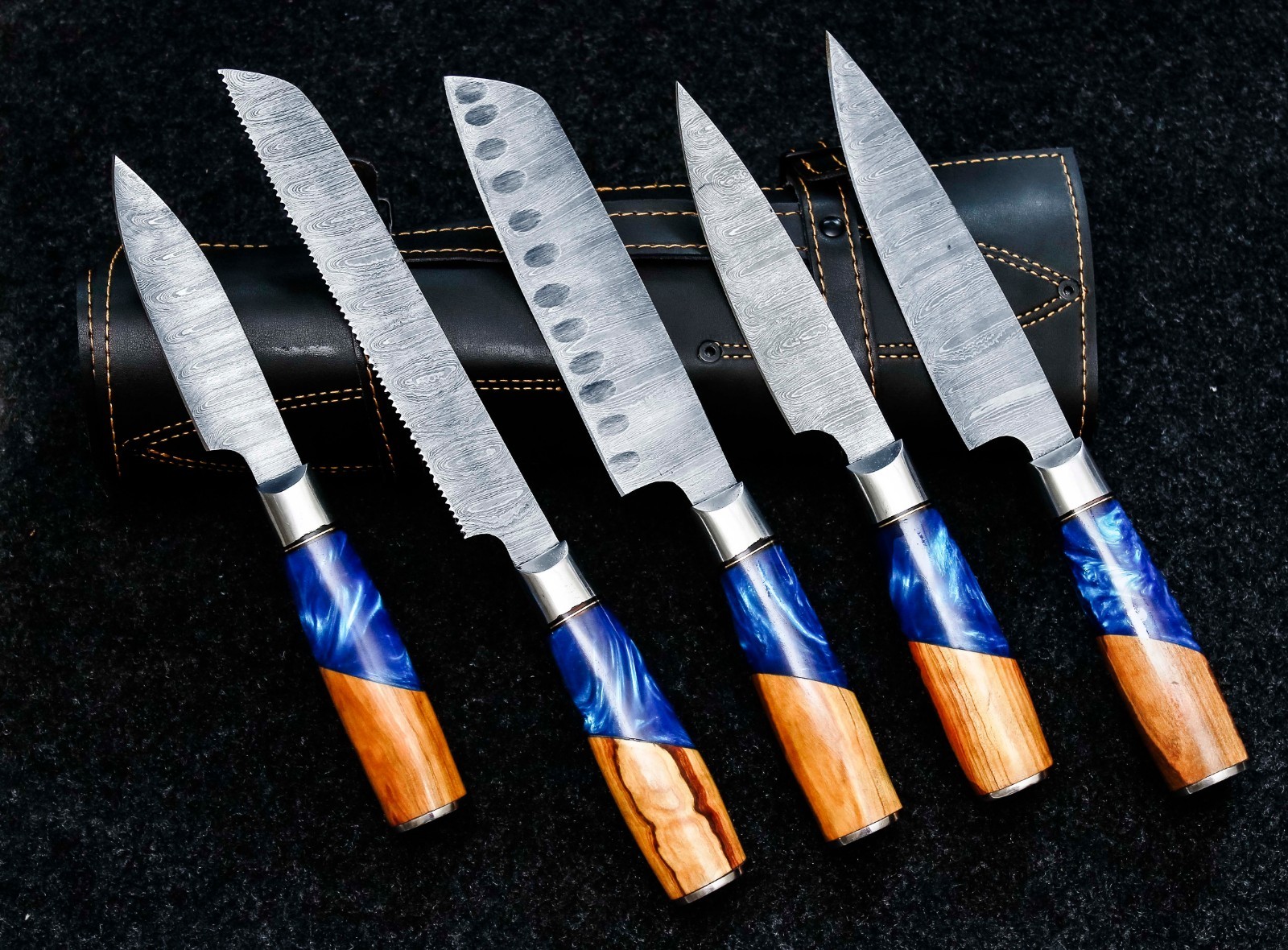 Japanese Damascus Chef Knife Set 5 Pcs Resin Blue Handle With Leather Sheath