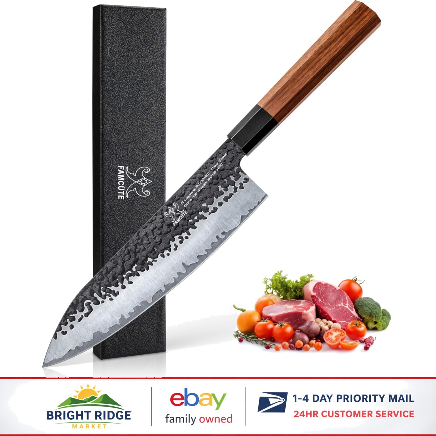 Hand Forged 8 Inch Chef Knife with Rosewood Handle and High Carbon Steel Blade