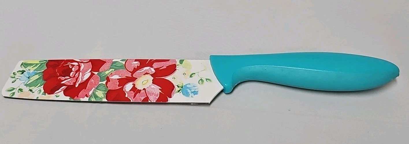 The Pioneer Woman 6” Chef Knife With Sheath Floral Blade. Teal Handle GUC