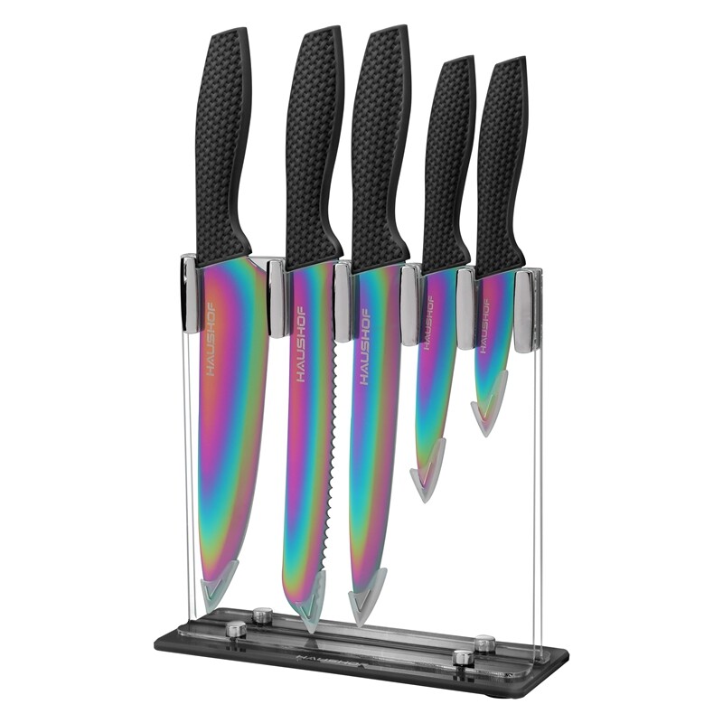 HAUSHOF 5PCS Kitchen Knife Set Rainbow Knife Sets with Arcylic Block for Slicing