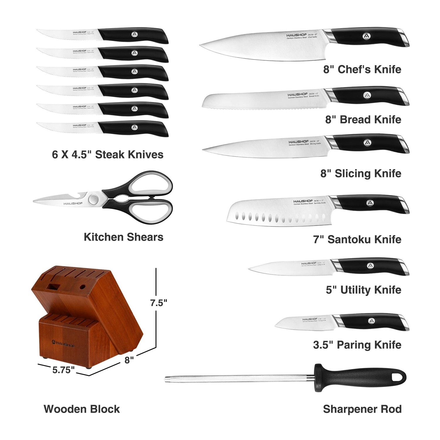 HAUSHOF 15-Pieces Kitchen Knife Set Stainless Steel w/ Sharpener Rod &Wood Block
