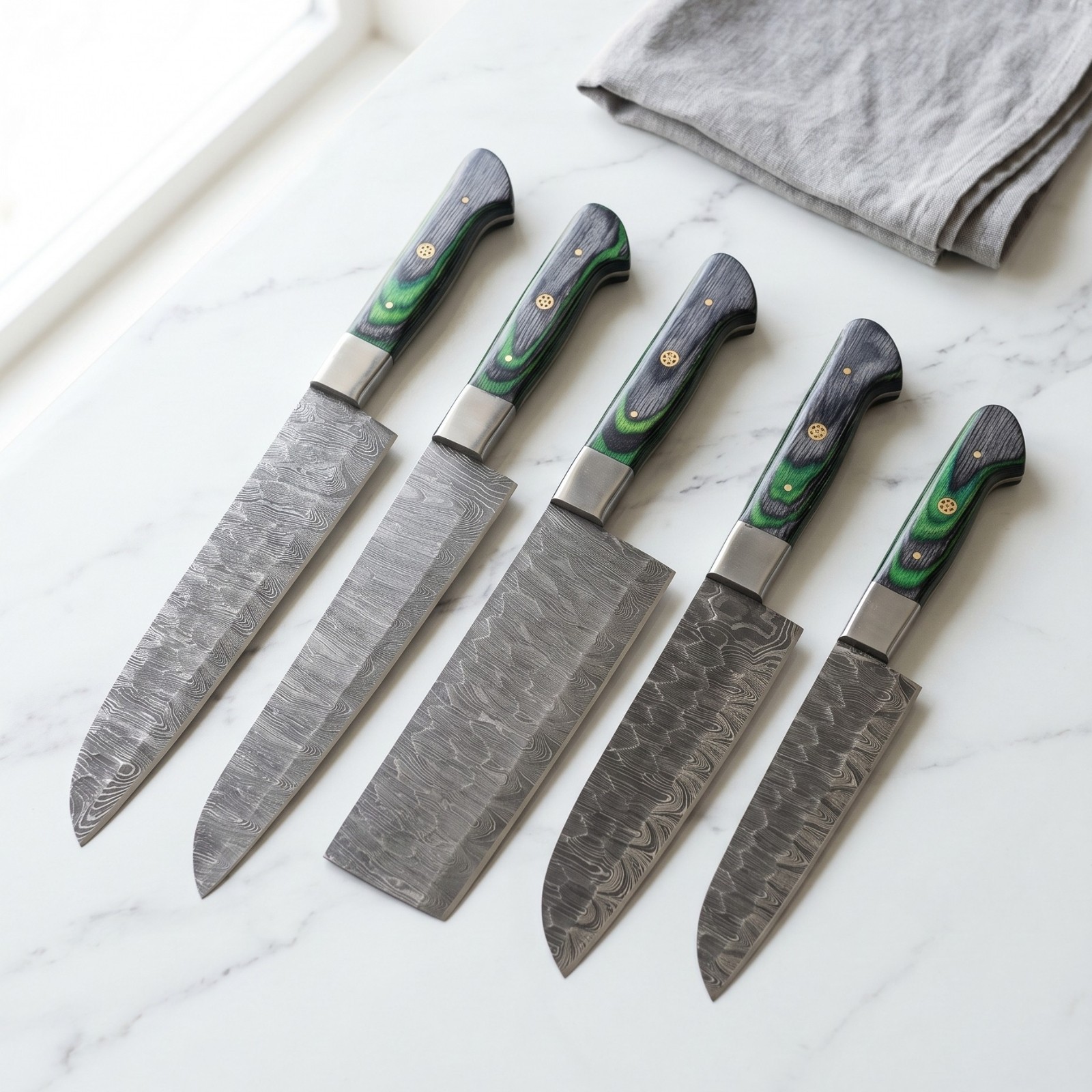 5Pc Hand Forged Damascus Kitchen Knife Set 58HRC Green Wood Handle Full Tang
