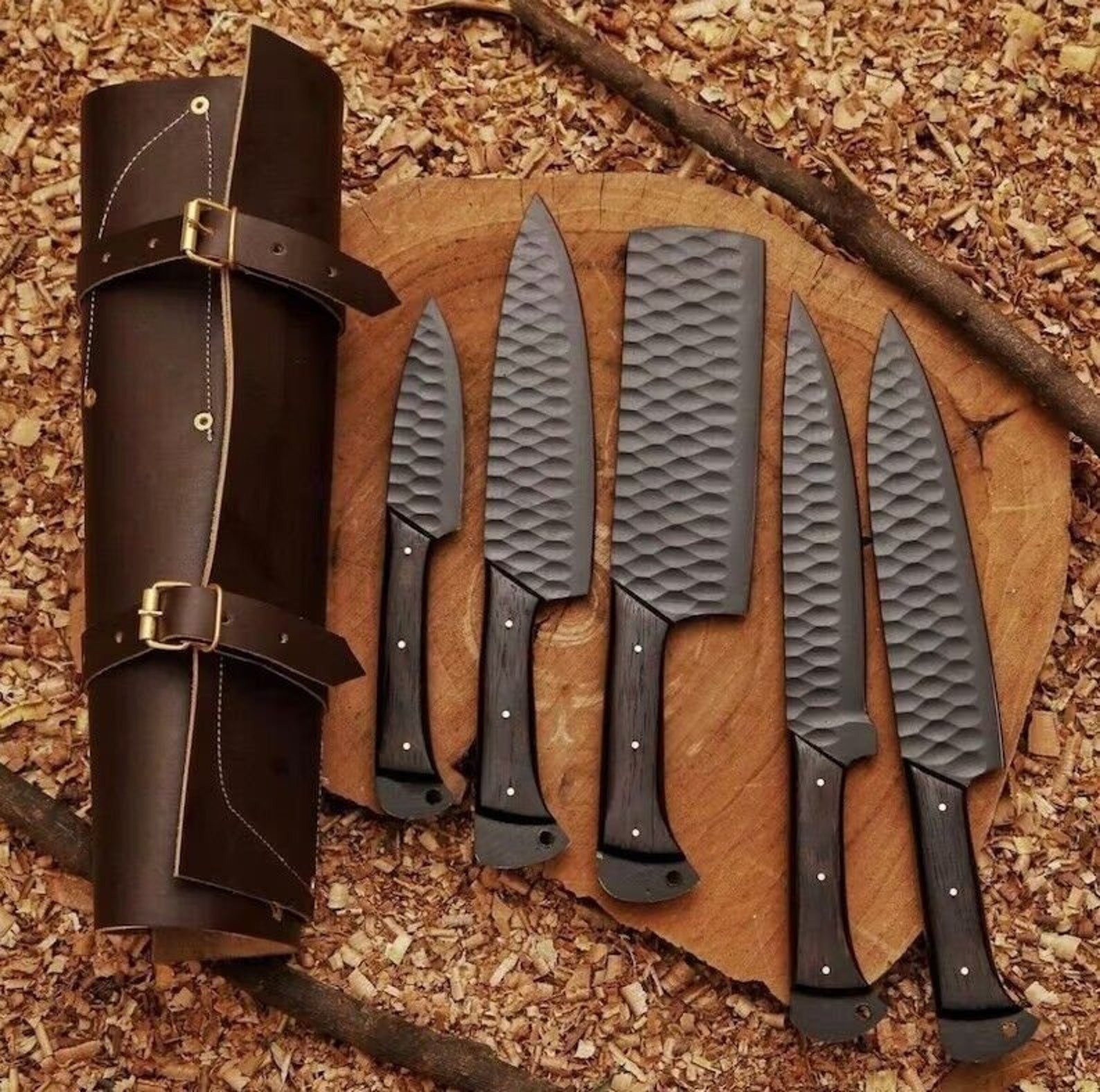 Handmade Steel BBQ Kitchen Chef knife set with leather roll bag, best gift.