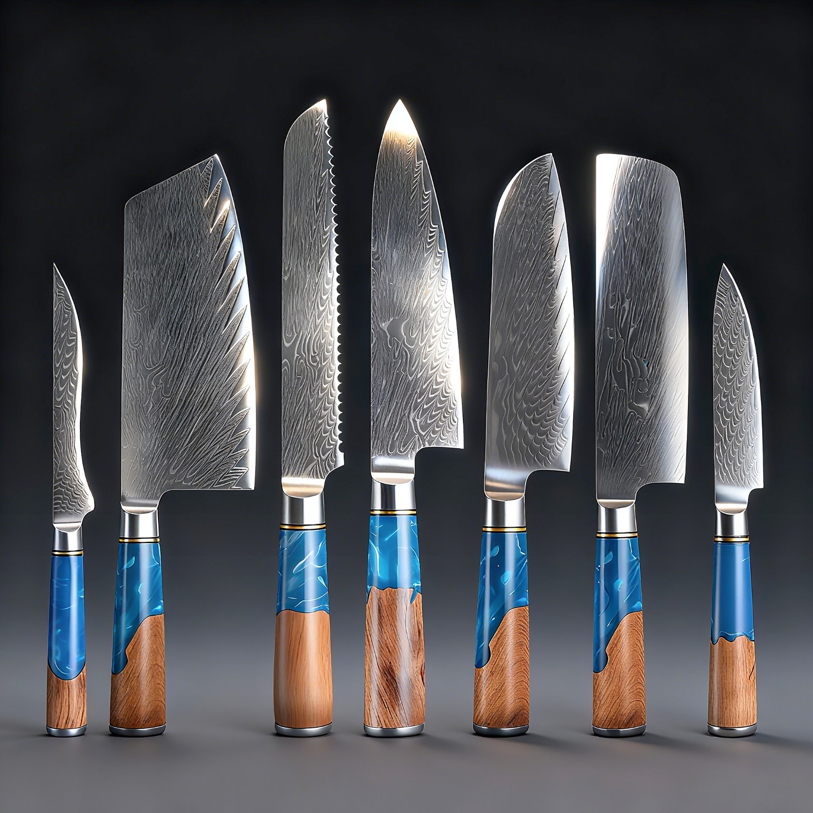 Blue Resin Handle Sharp Damascus Steel Chef Knife Set Durable Anti-Rust Kitchen