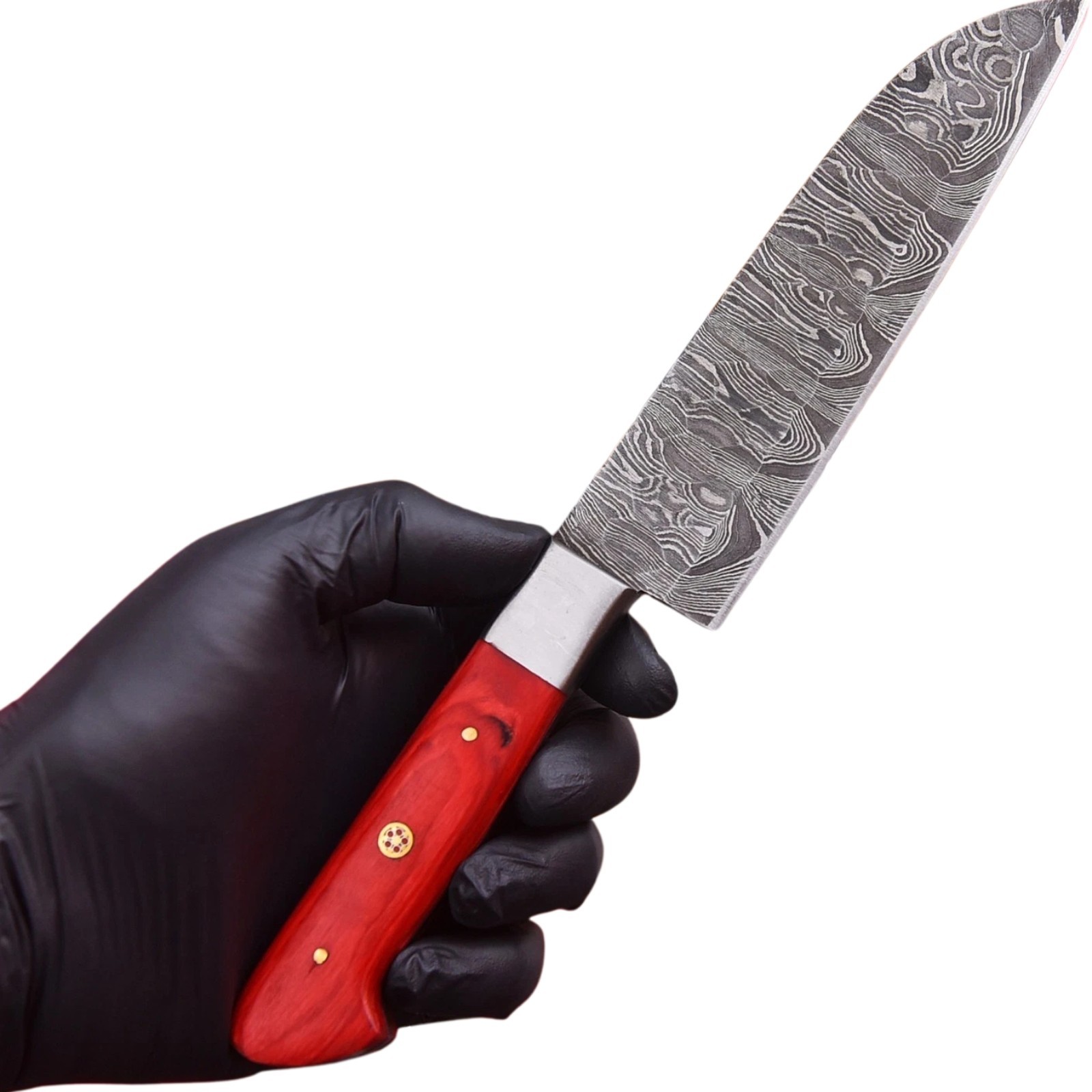 5Pc Damascus Chef Knife Cleaver Set Full Tang Red Wood Handle With Leather Roll