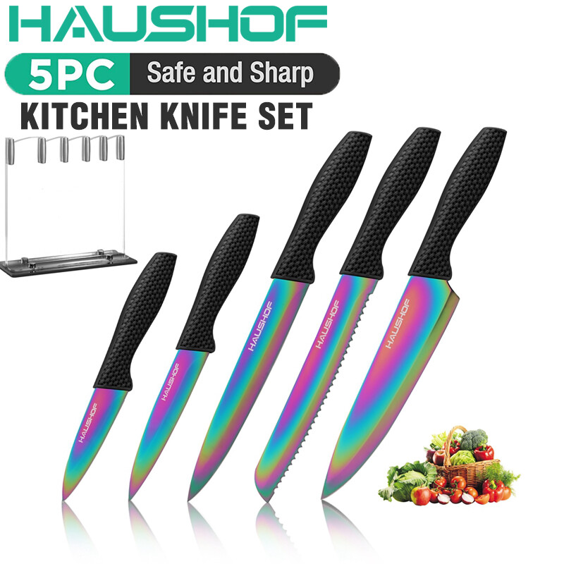 HAUSHOF 5PCS Kitchen Knife Set Rainbow Knife Sets with Arcylic Block for Slicing