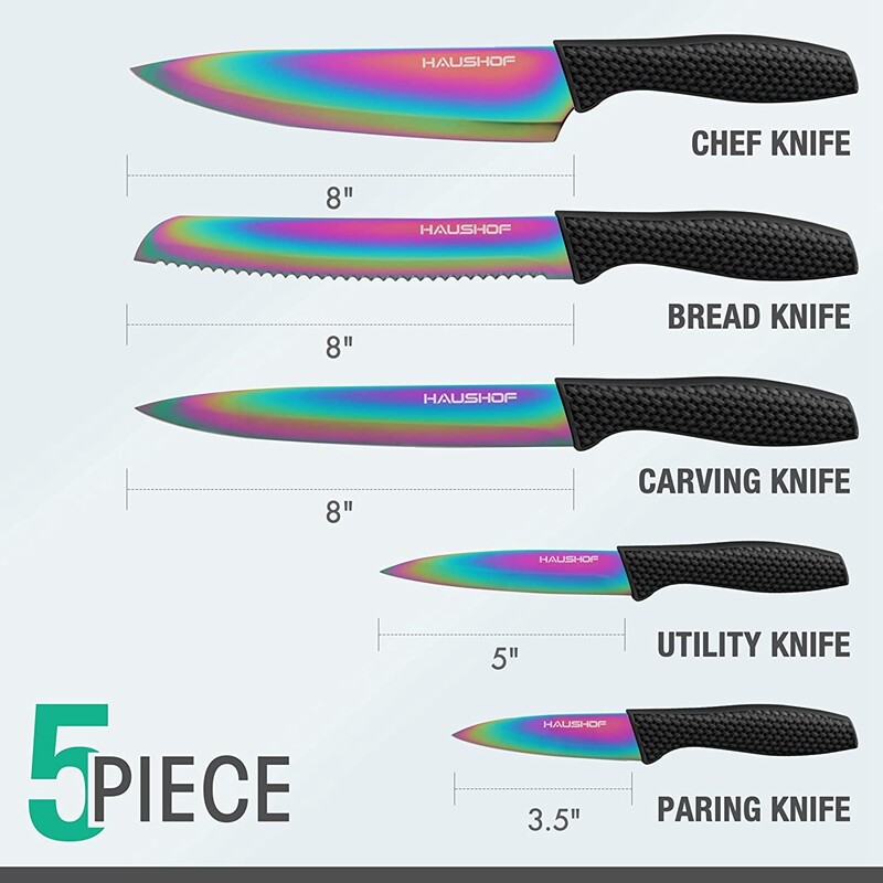HAUSHOF 5PCS Kitchen Knife Set Rainbow Knife Sets with Arcylic Block for Slicing