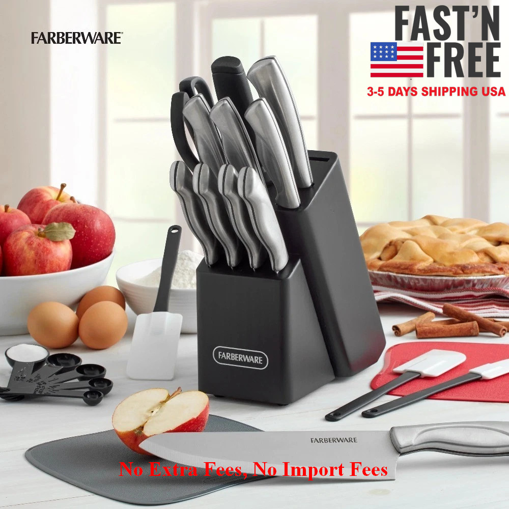 Stainless Steel Knife Block Set with Utensils 22 Piece Kitchen Cutlery, NEW USA