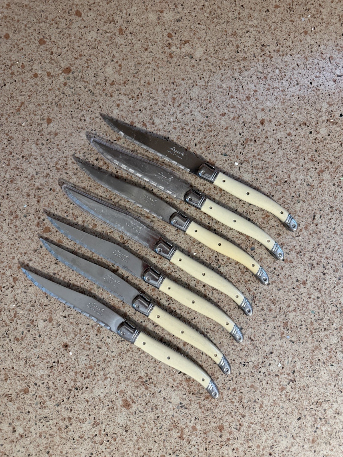 Laguiole Inox France Steak Knife Set of 7 Ivory Handle Bee Emblem Vintage