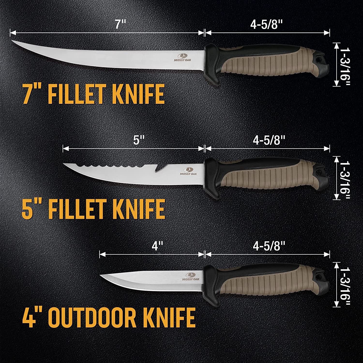 Mossy Oak 3PCS Fishing Knife Set Stainless Steel Filet Knife w/Protective Sheath