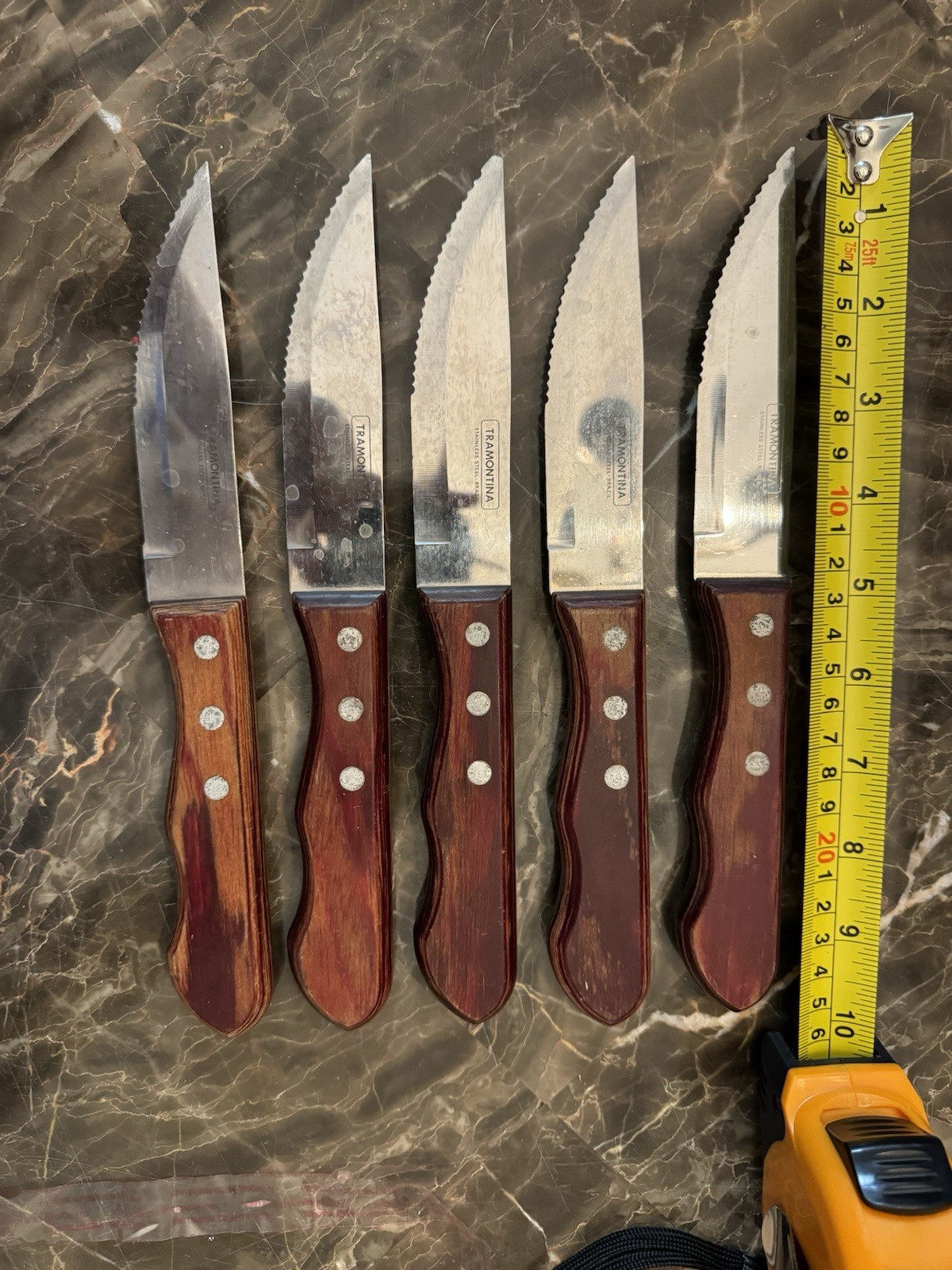Tramontina Jumbo Steak Knife Set /5 Used Stainless Steel Serrated Blades Brazil