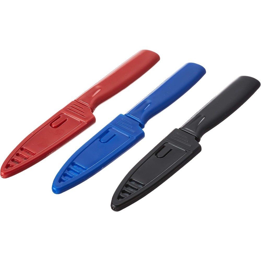 Non-Stick Paring Knives 4 Inch with ABS Sheaths Set of 3 Red Blue Black