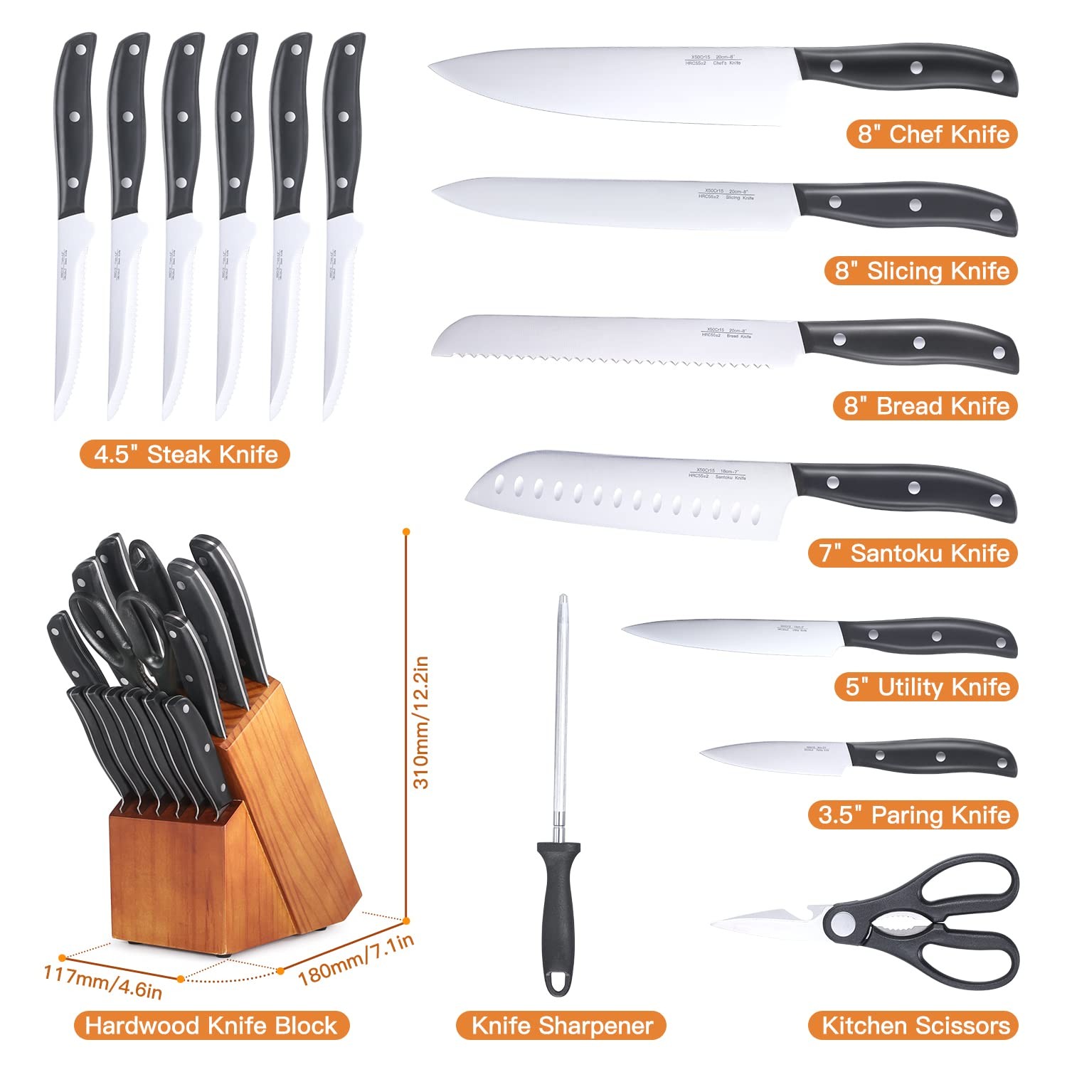 15 PCS Kitchen Knife Block Set Germany High Carbon Stainless Steel Chef
