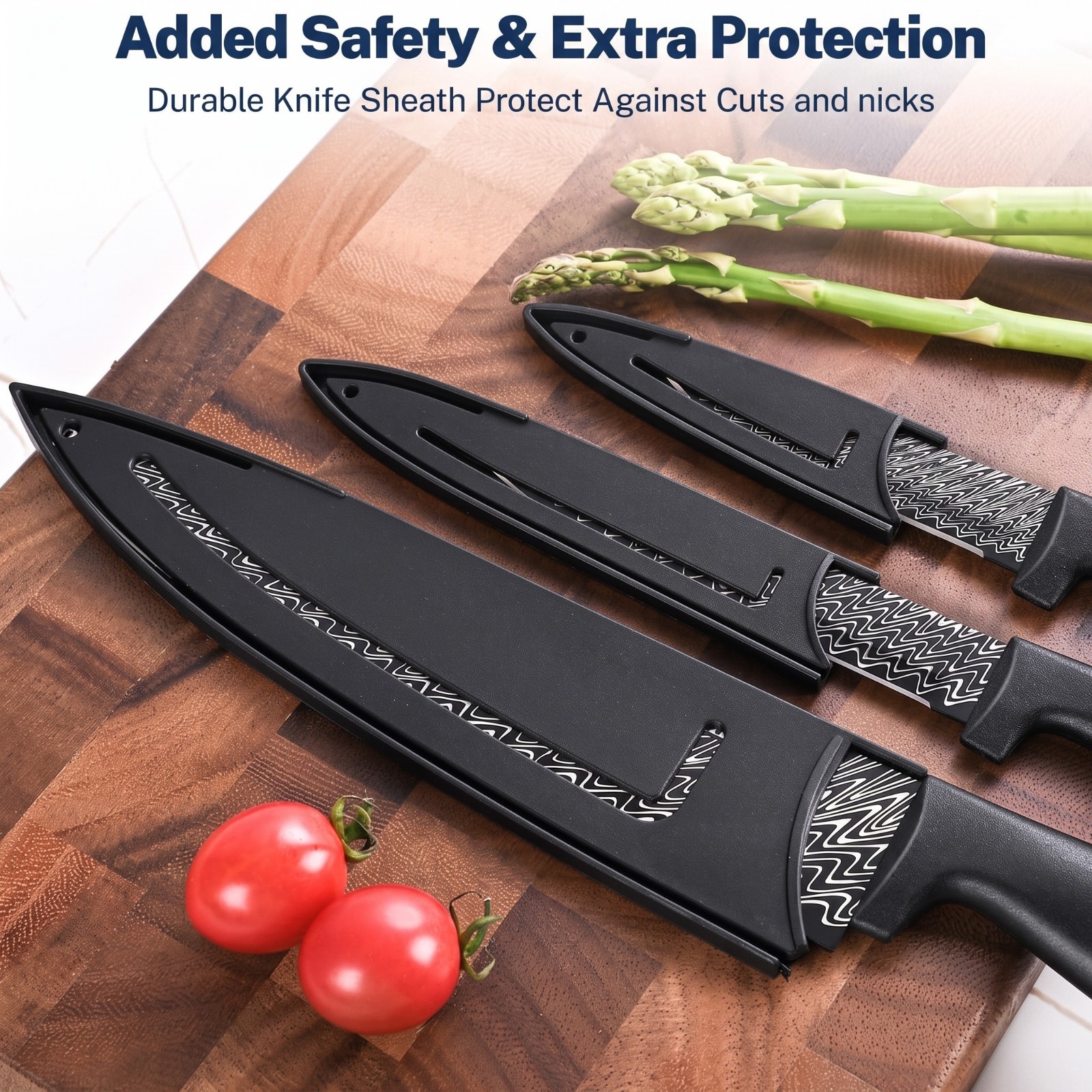 3-Piece Black Kitchen Knife Set w/ Covers Damascus Stainless Steel Chef Paring