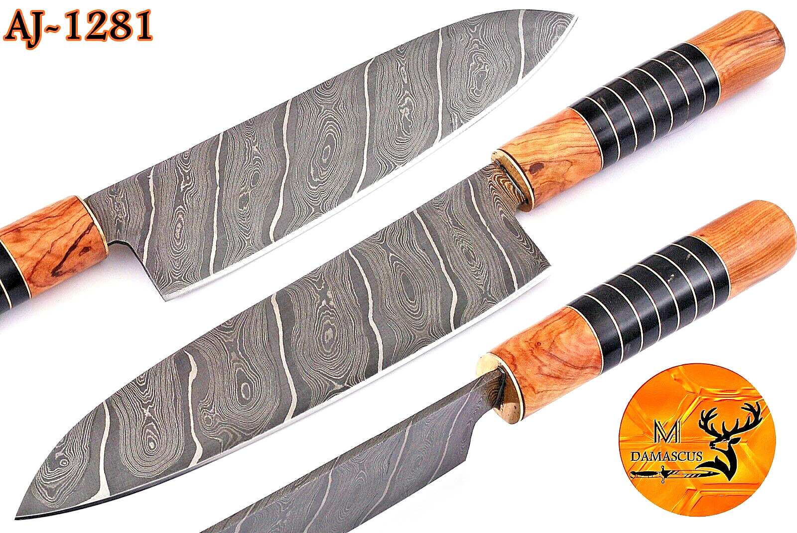 CUSTOM HANDMADE FORGED DAMASCUS STEEL CHEF KNIFE W/ WOOD & BULL HORN HANDLE 1281