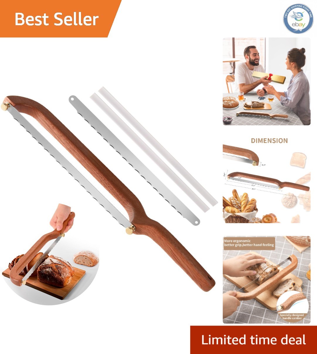 Ergonomic Bow Bread Knife – 10.6″ Stainless Steel Blade with Sapele Wood Handle