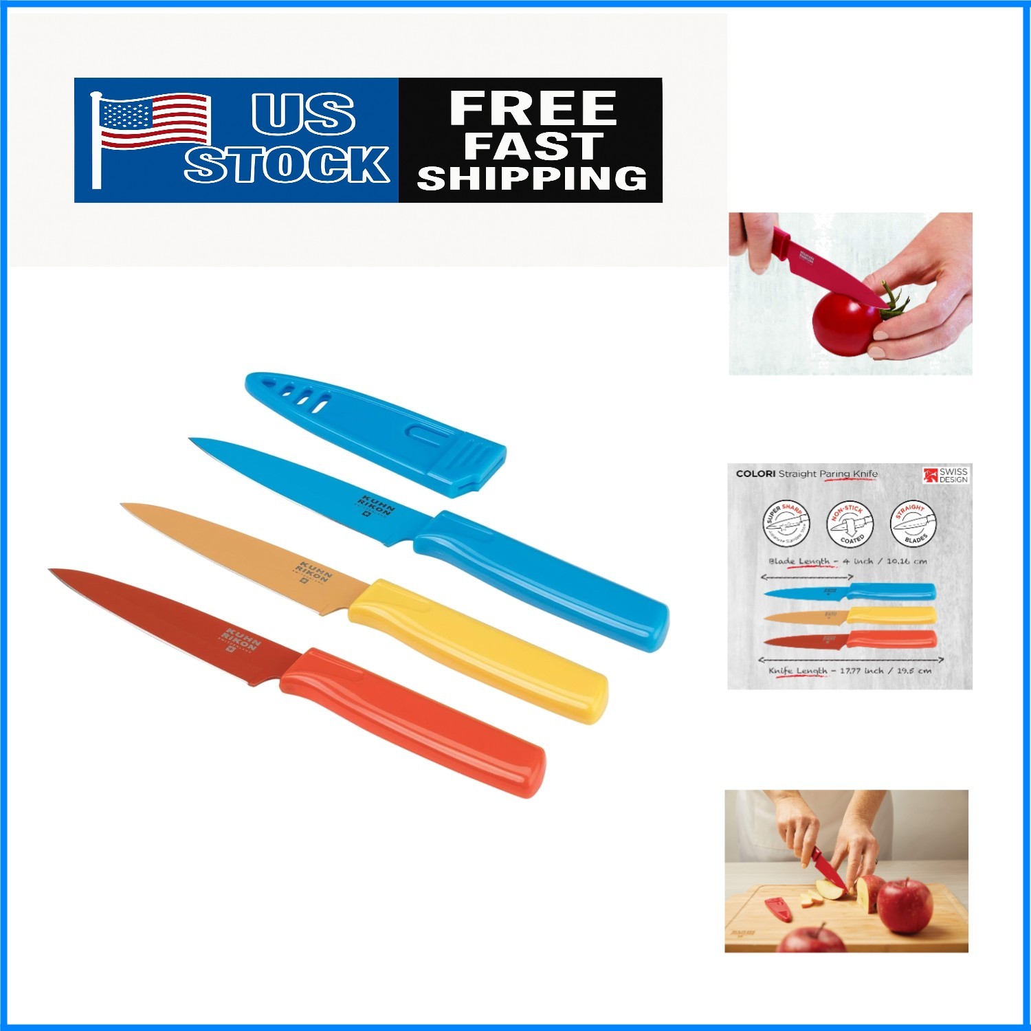 Vibrant 4-Inch Straight Paring Knife Set with Safety Sheath – Red, Yellow, Blue