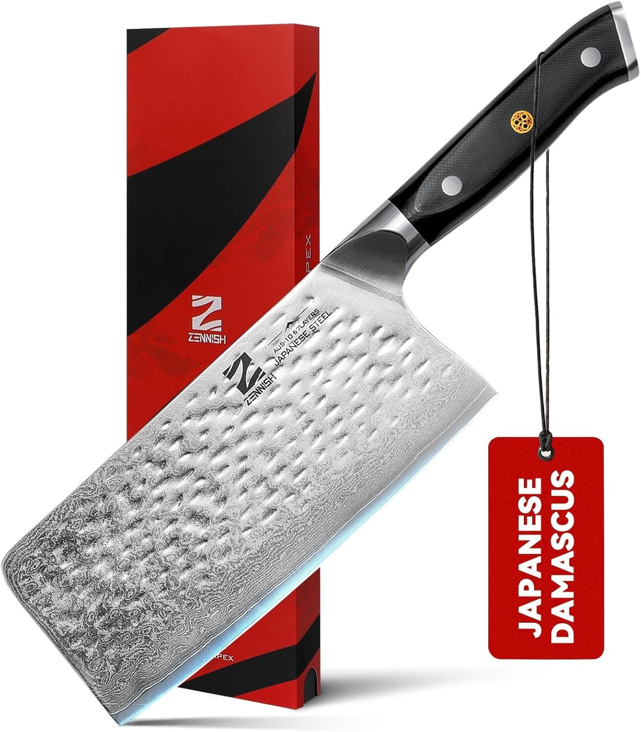 KENNISH Cleaver Knife 7″ Meat Cleaver – Japanese AUS-10 Damascus Steel 60HRC