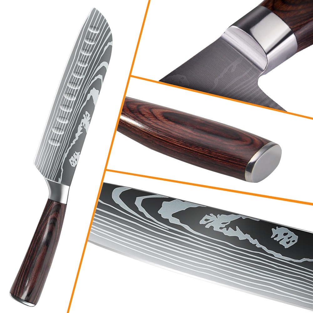 Kitchen Knife Set Japanese Damascus Pattern Chef Knives Stainless Steel Cleaver