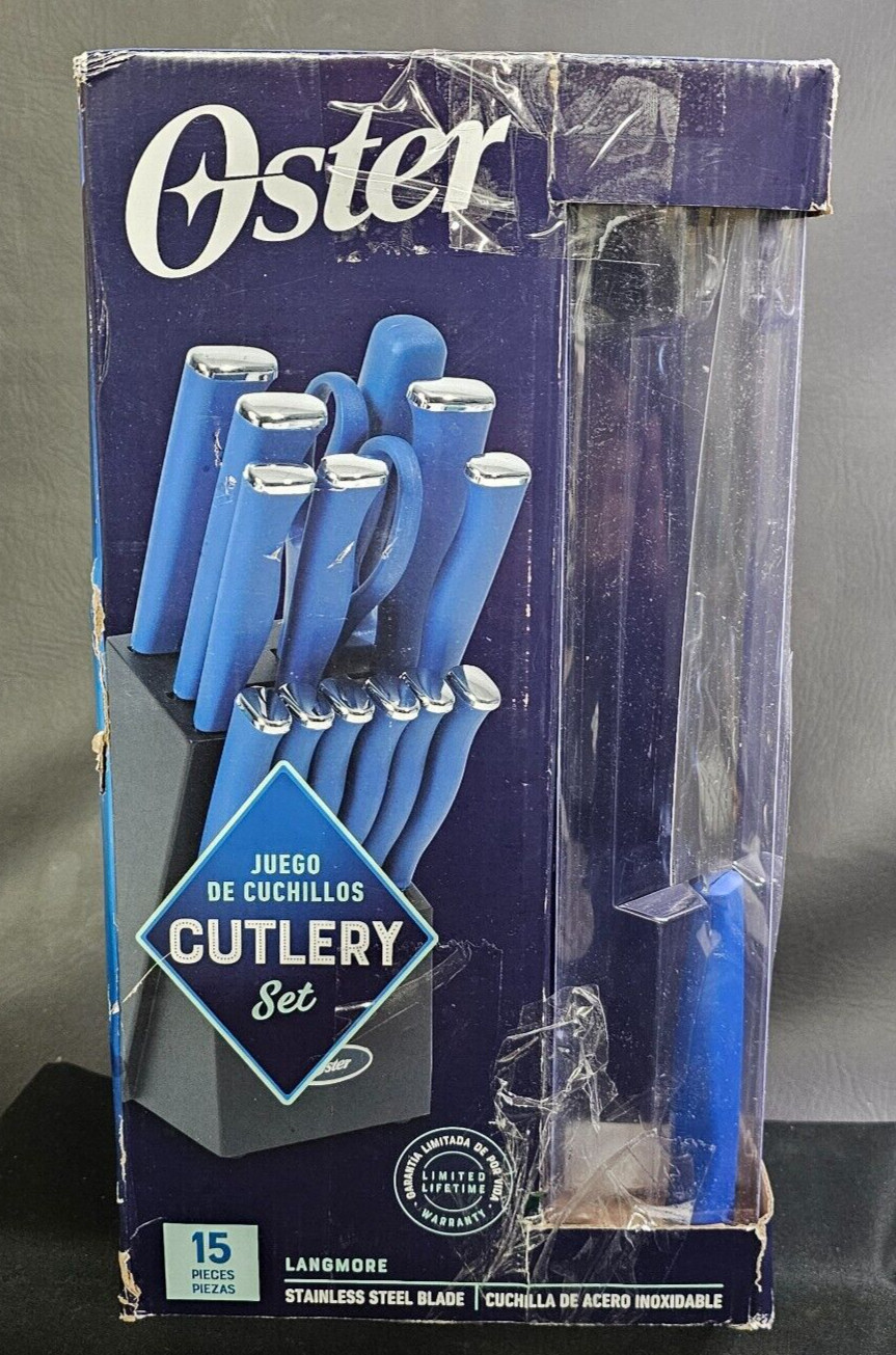 Oster Lindbergh 14 Piece Stainless Steel Cutlery Knife Set w/ Black Block- Blue
