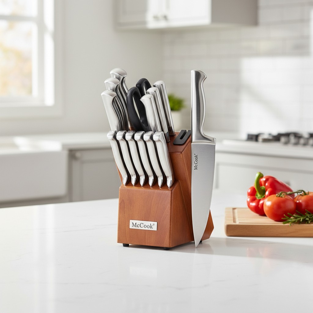 15-Piece German Stainless Steel Knife Set with Built-in Sharpener & Block