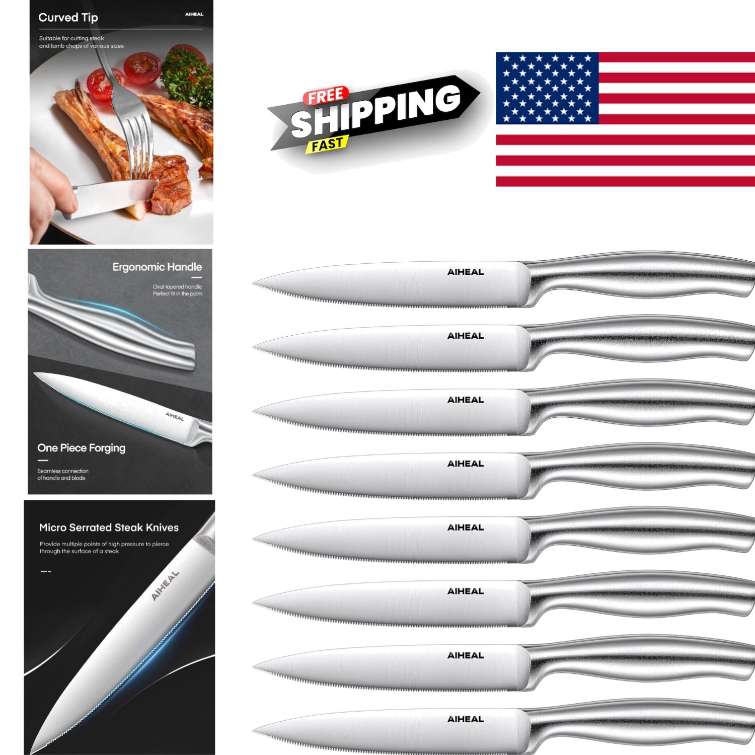 Stainless Steel Steak Knives Set of 8 with Micro Serrated Edges for Easy Slicing