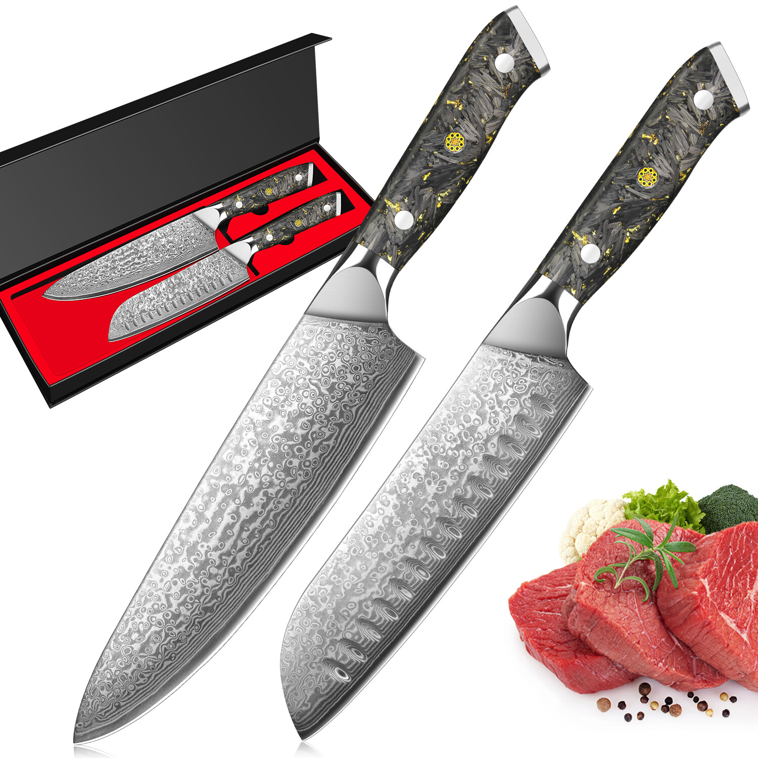 1/2Pcs Damascus Kitchen Knife VG10 Damascus Steel Santoku Knife Ergonomic Handle