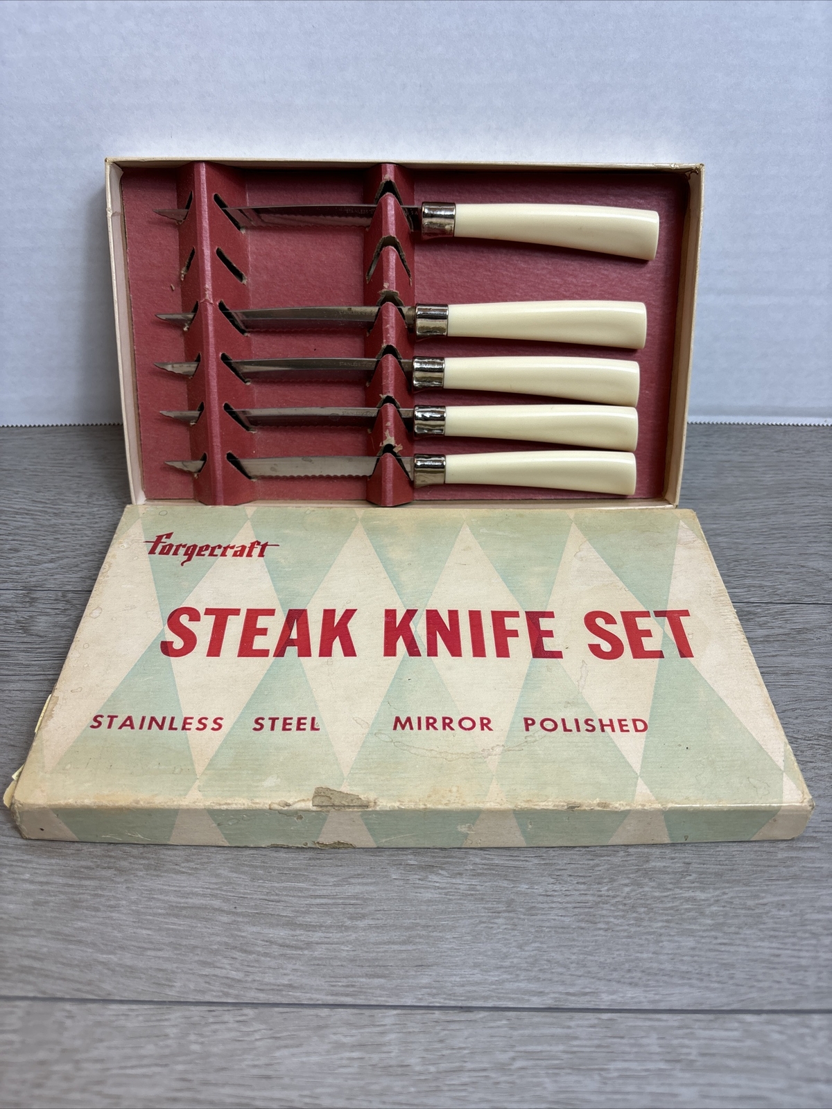 5 Piece “FORGECRAFT” Steak Knives Stainless Steel Mirror Polished Ivory Color