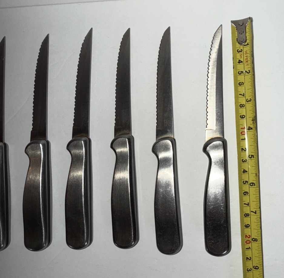 9 Ginsu Heavy Handled Stainless Steel Steak Knives Silver & Black Serrated 8.5”