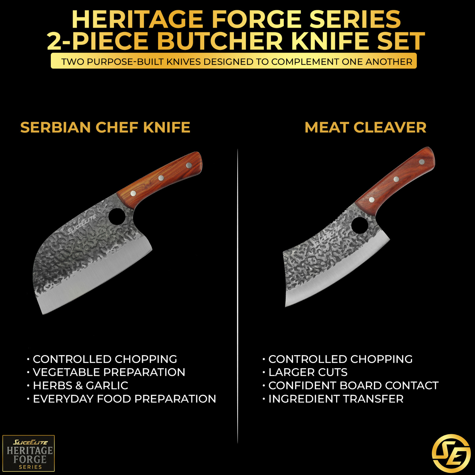 2-Piece Viking & Serbian Chef Knife Set – Hand-Forged Cleaver Butcher Knife Comb