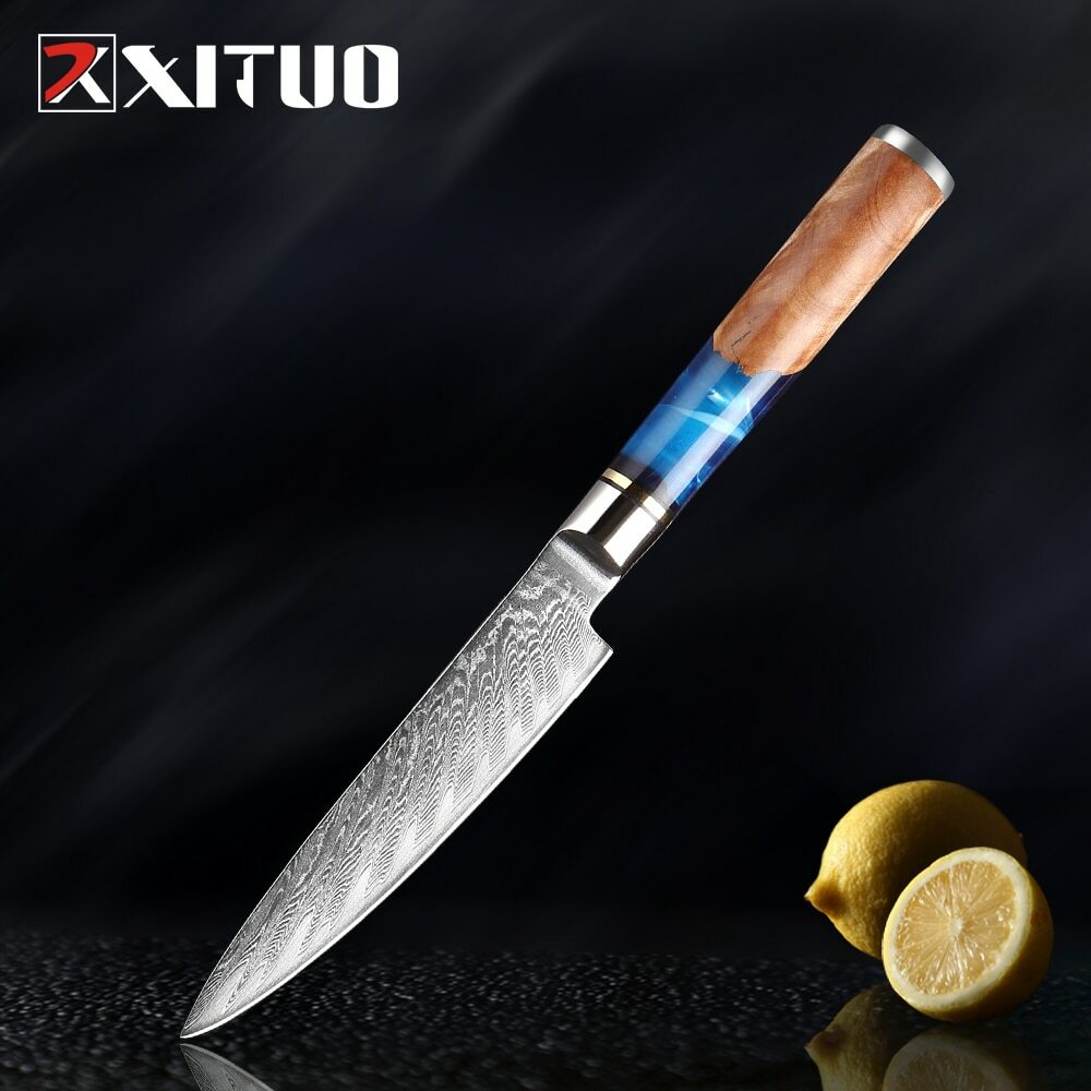 New Damascus Steel Utility Chef Paring Fruit Kitchen Knife Blue Resin knife.
