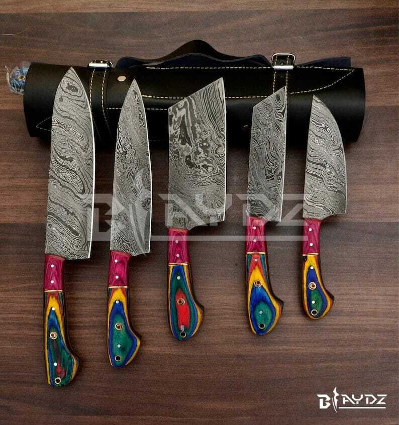 5 Pcs Custom Handmade HAND FORGED DAMASCUS STEEL CHEF KNIFE Set Kitchen Knives