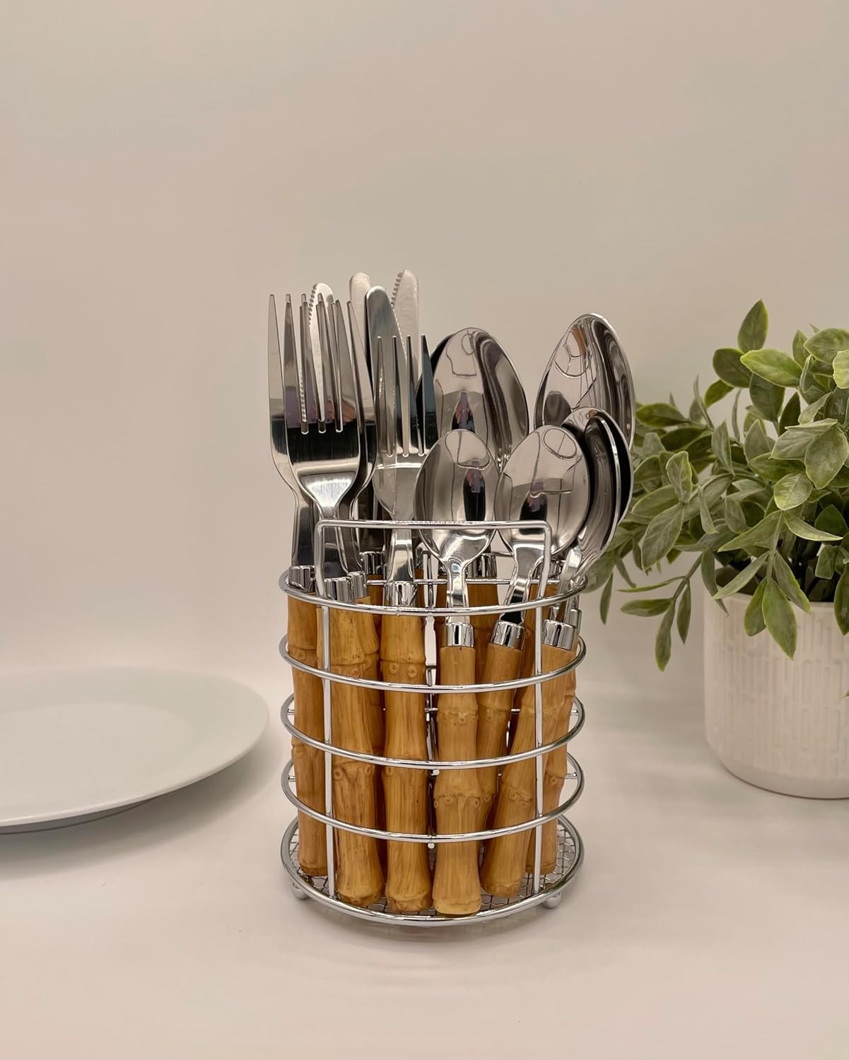 Bamboo Stainless Steel Cutlery Set with Naturalistic Bamboo Handles 16 Pieces