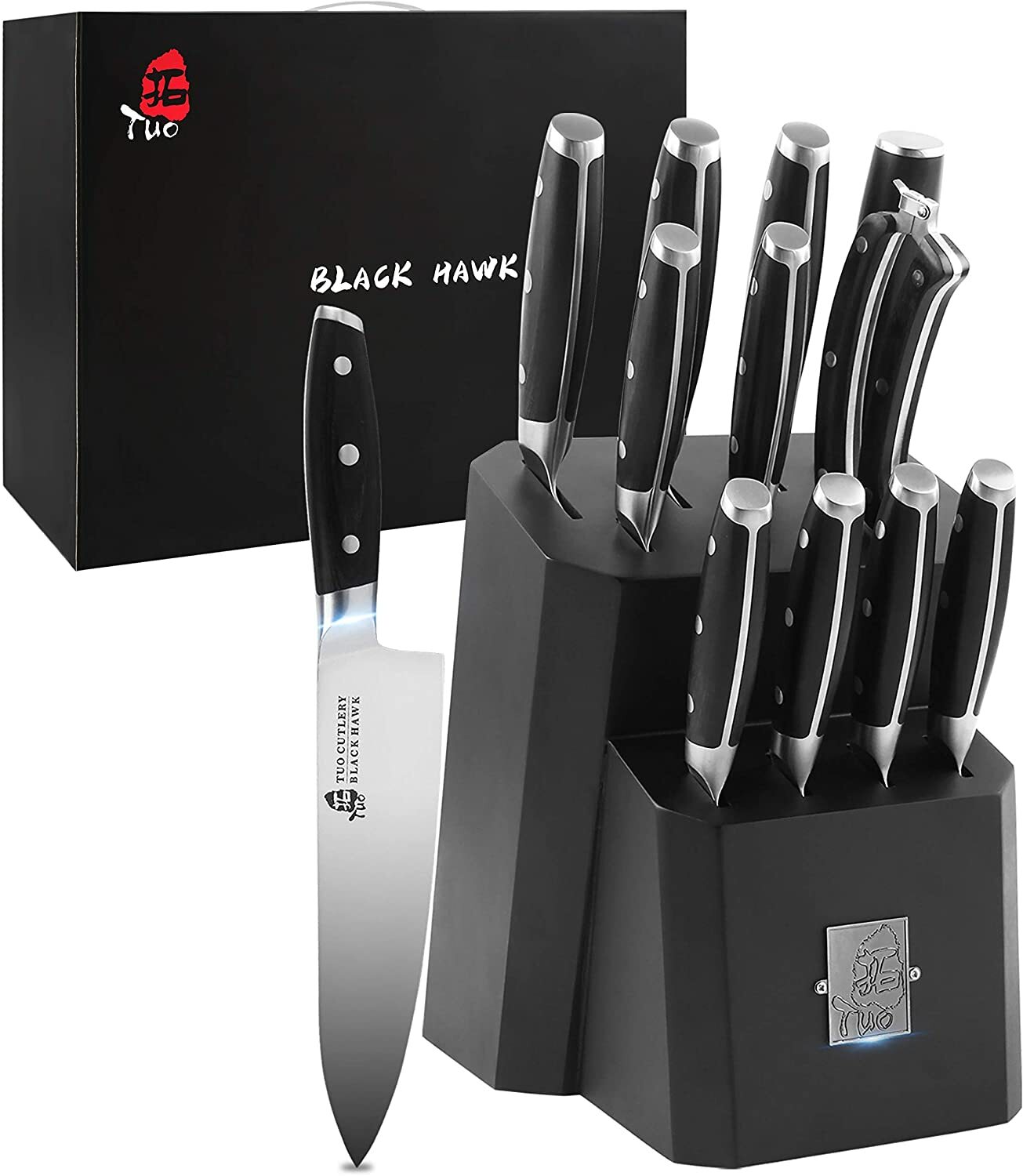 SALE! TUO TC1218 Black Hawk Series 12Pcs Kitchen Knife Set Wooden Block Gift Box