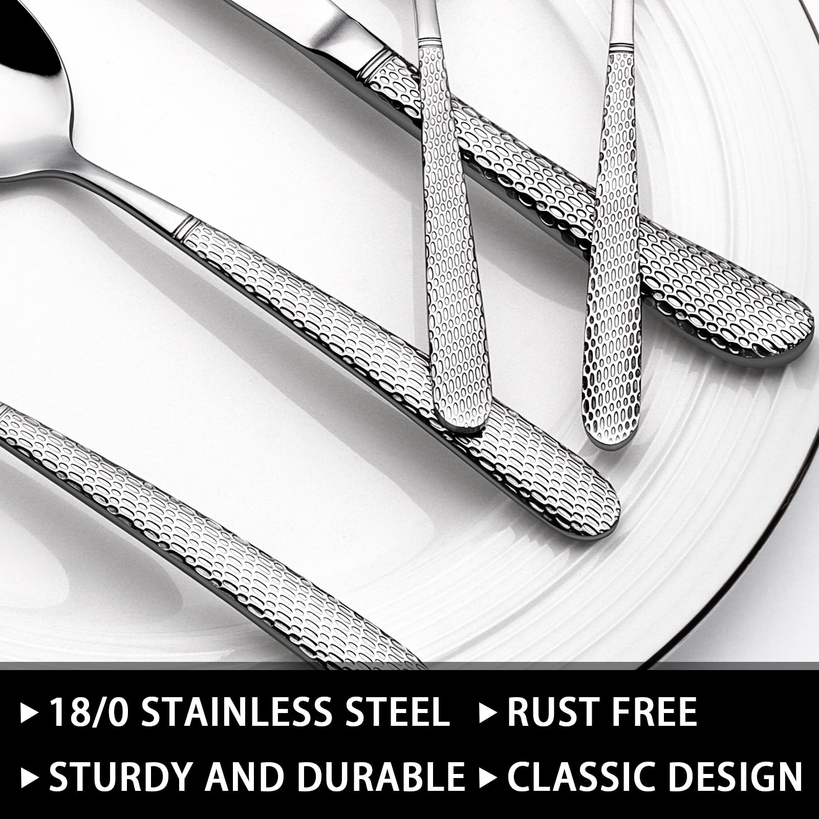 49-Piece Hammered Silverware Set with Organizer, Heavy Duty Stainless Steel Flat