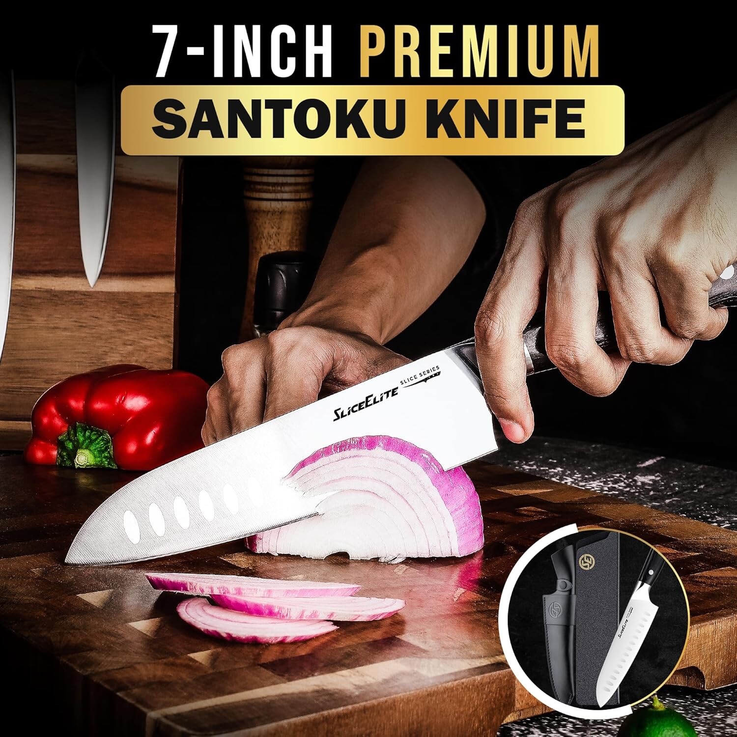 Slice Series 7-Inch Santoku Knife – High Carbon German Steel, Leather Sheath