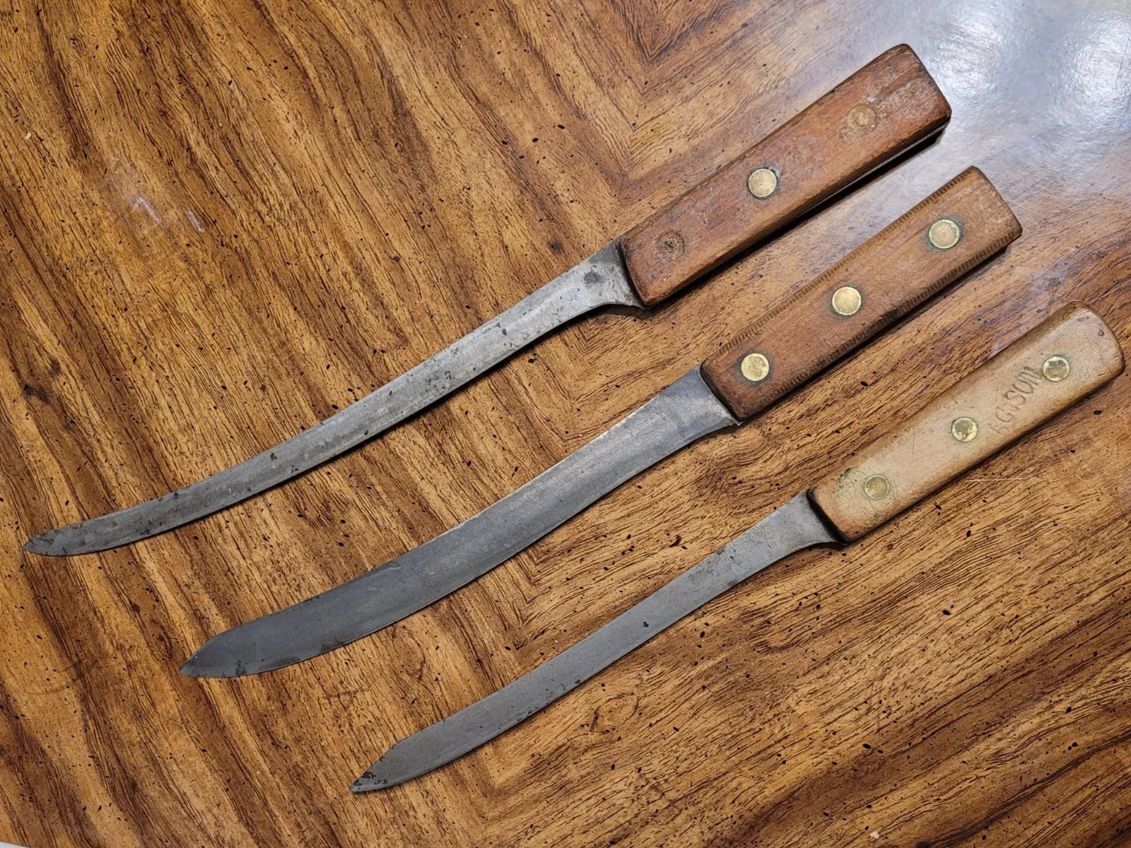 3 Vtg Huge G. C. & Son 13″ 11.5″ 9.5″ Blades Butcher’s Chef’s Fillet Knives.OBO