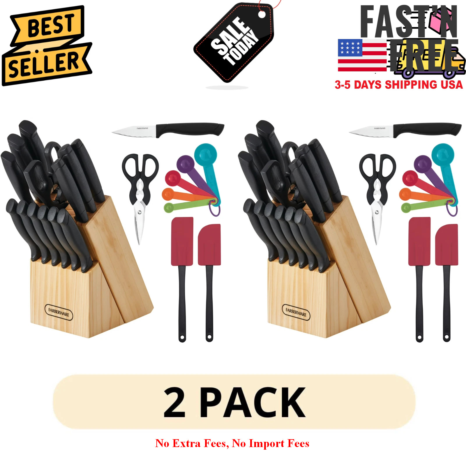 2Pack Farberware 23Pc Cutlery Set Stainless Steel Never Needs Sharpening Black