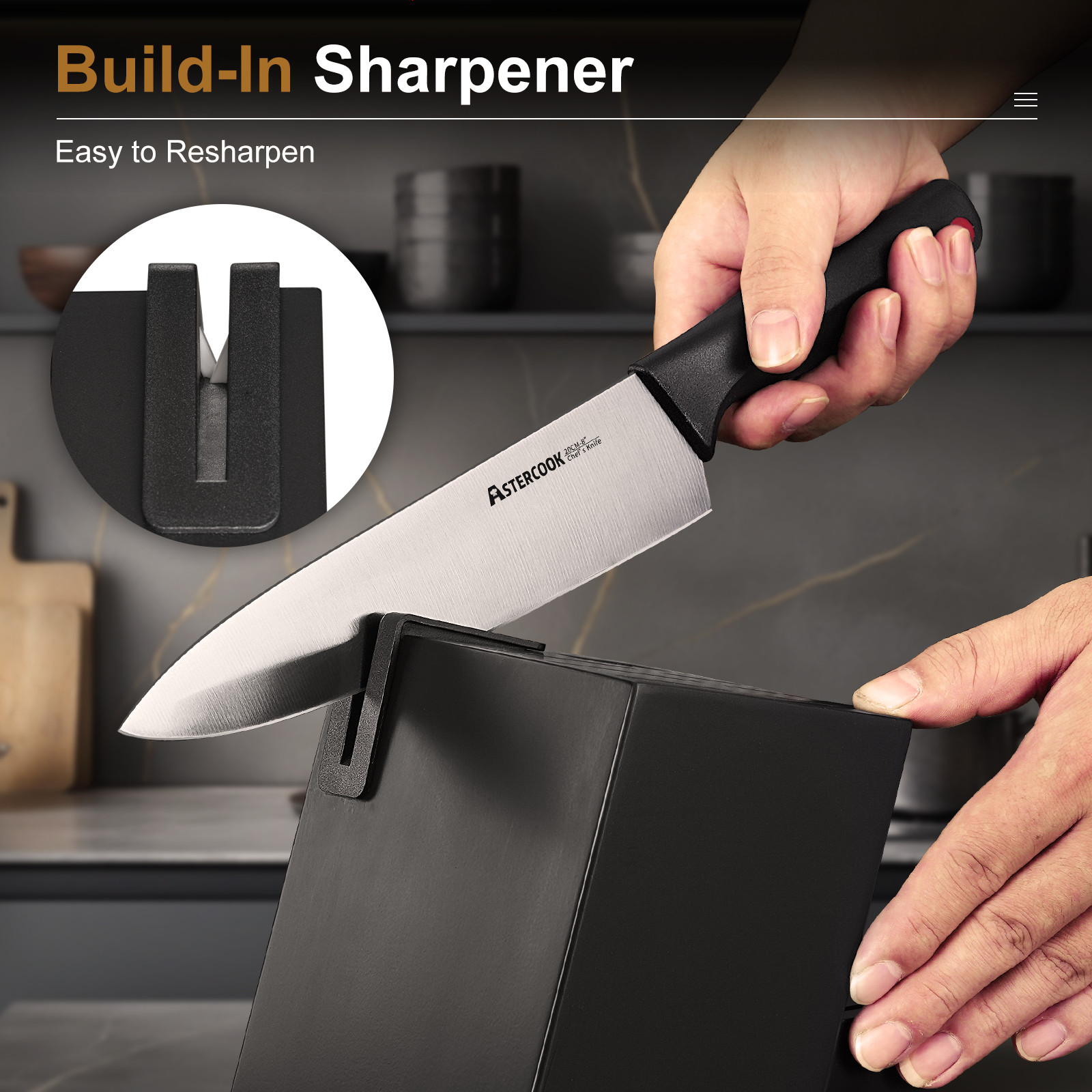Astercook 14-Piece Knife Set w/ Block & Sharpener, German Stainless Steel