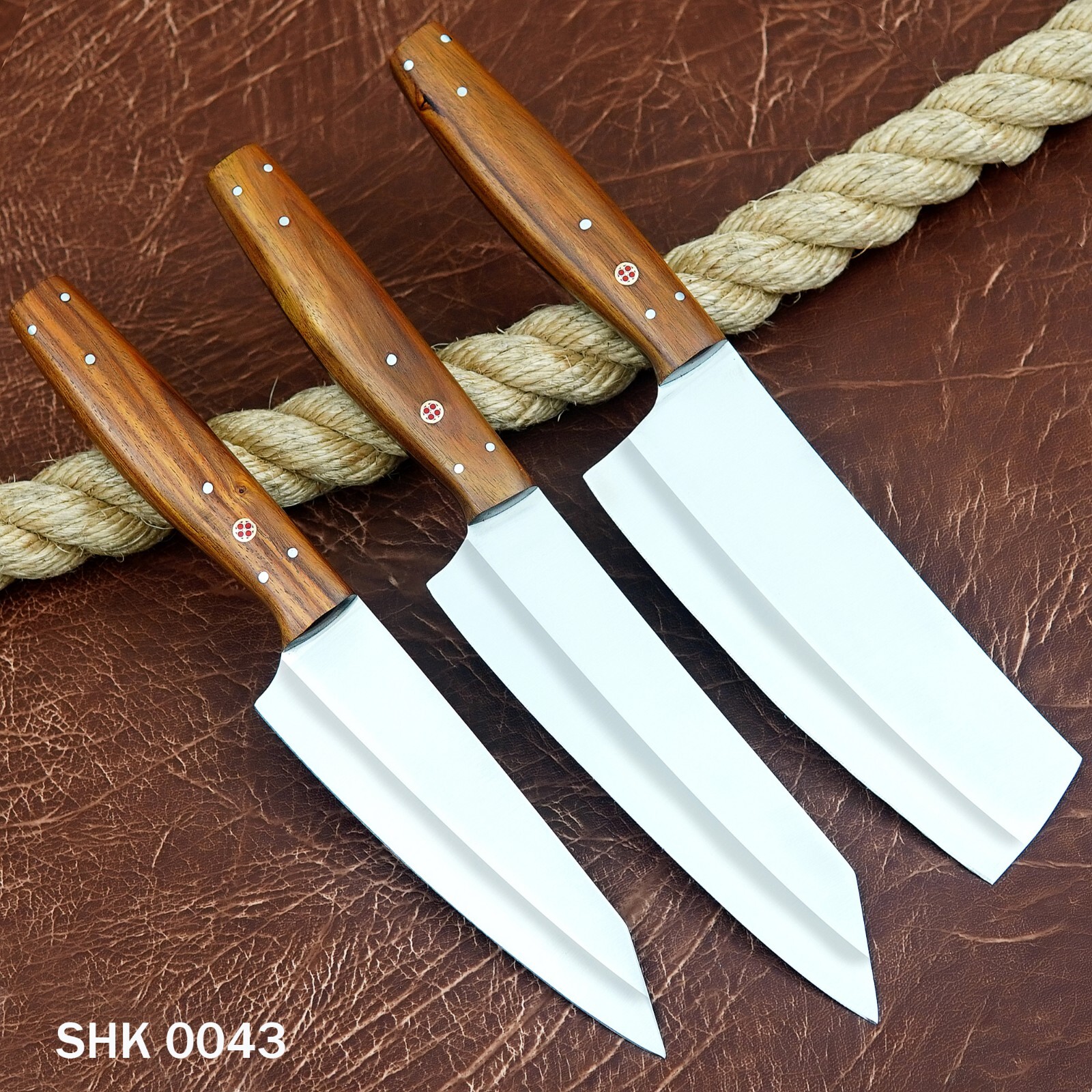 Custom Handmade D2 Tool Steel 3 piece Chef Set with Leather Sheath heavy Duty
