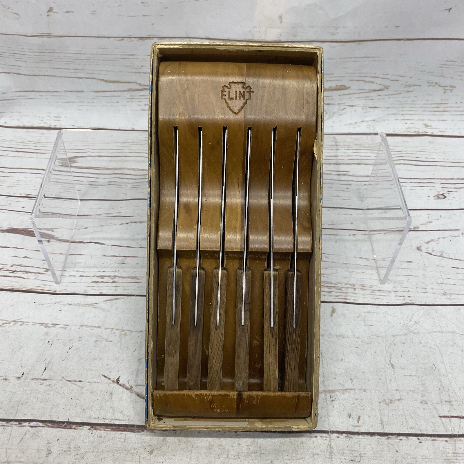 Ekco Flint Steakster Set 6 Steak Knives Stainless Vanadium Wood Holder Orig Box