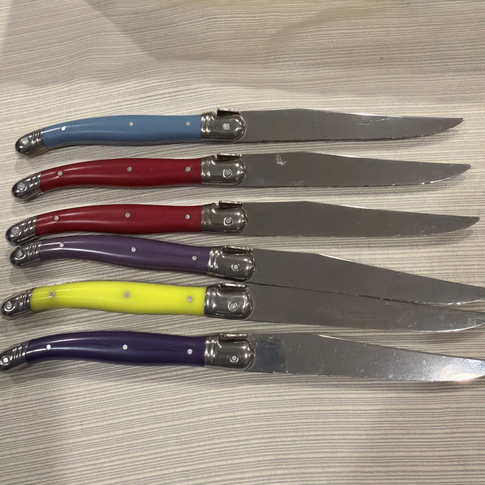 6 Laguiole Steak Knives Colored Handles Inox France Red Blue Purple Neon