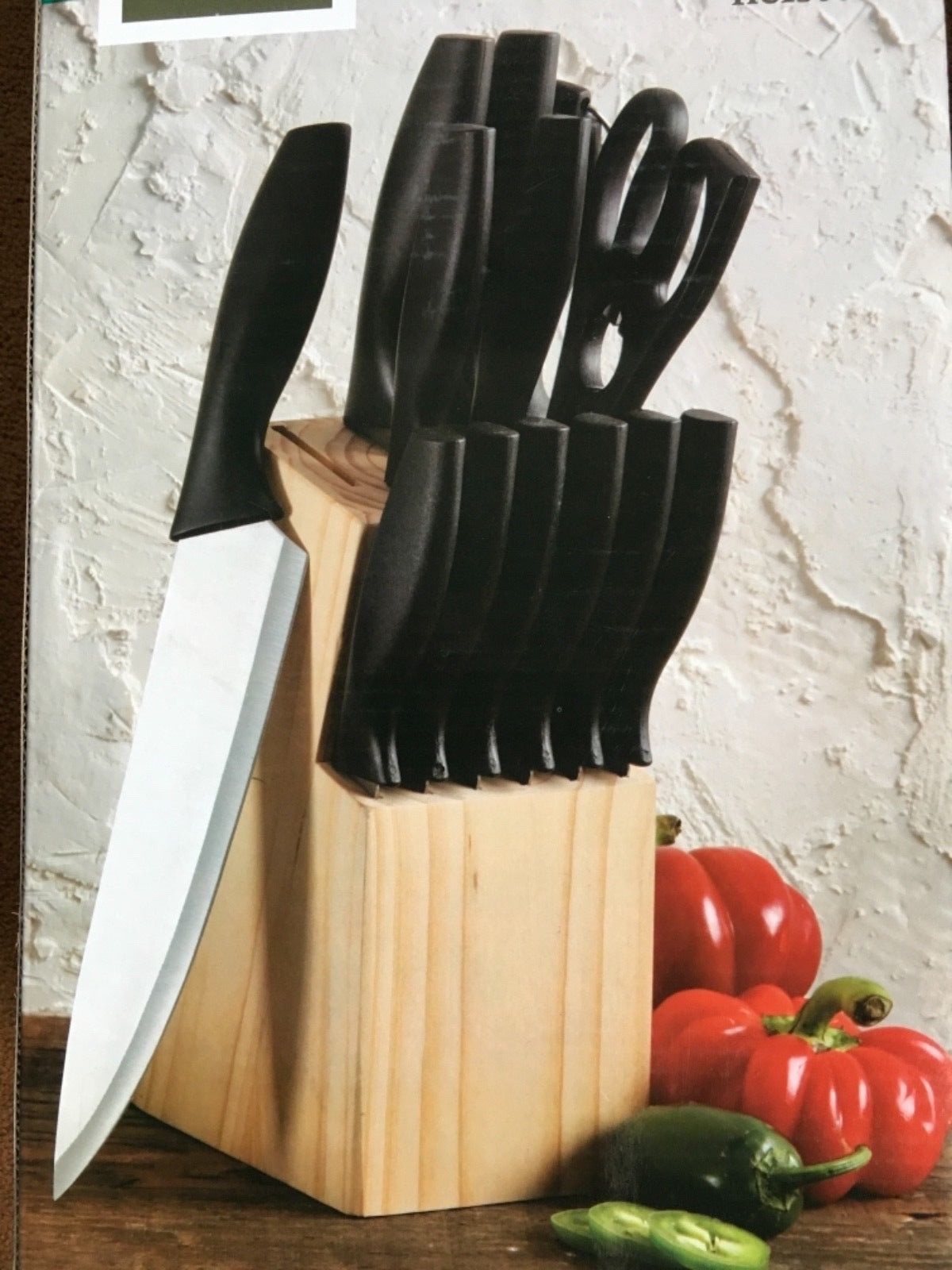 Gibson Helston 14pc Stainless Steel Cutlery Set With Pine Wood Block New in Box