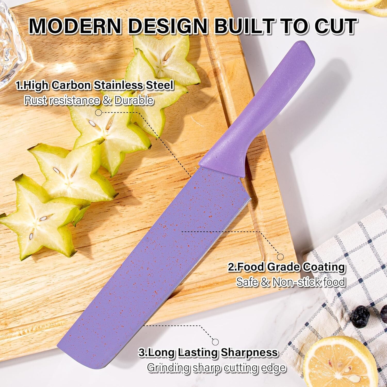 Colorful Kitchen Knife Set 6 PCS, Colored Knives Set with Non-Stick Coating