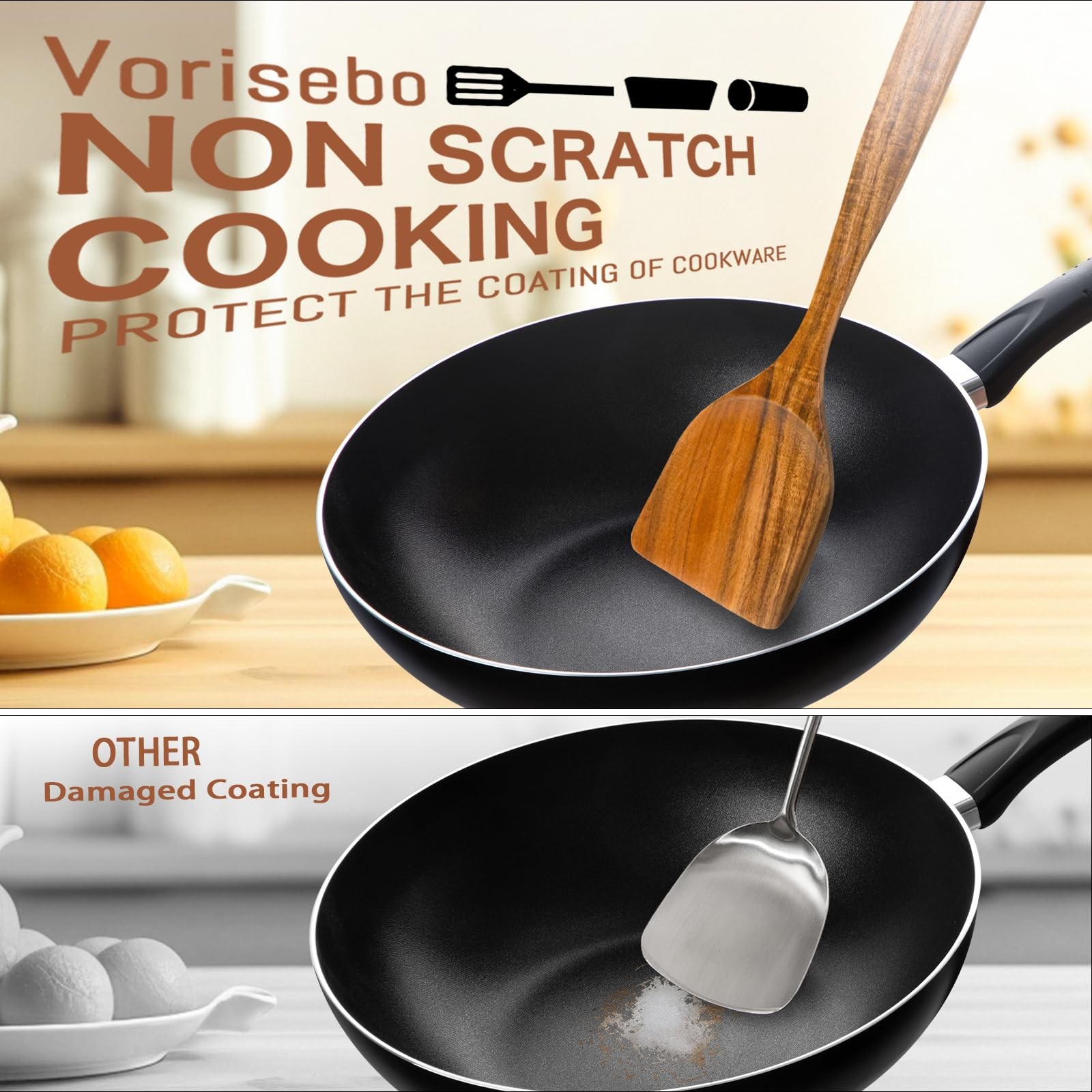 Vorisebo 7 Piece Wooden Spoons for Cooking, Natural Teak Wooden Utensils Set, Ha