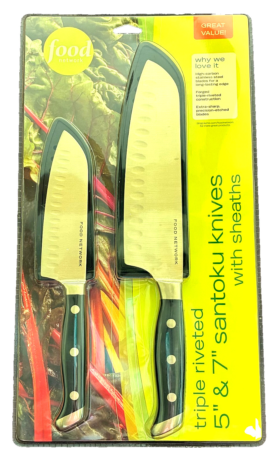 Food Network Triple Riveted 5” & 7” Santoku Knives w/Sheaths – NEW