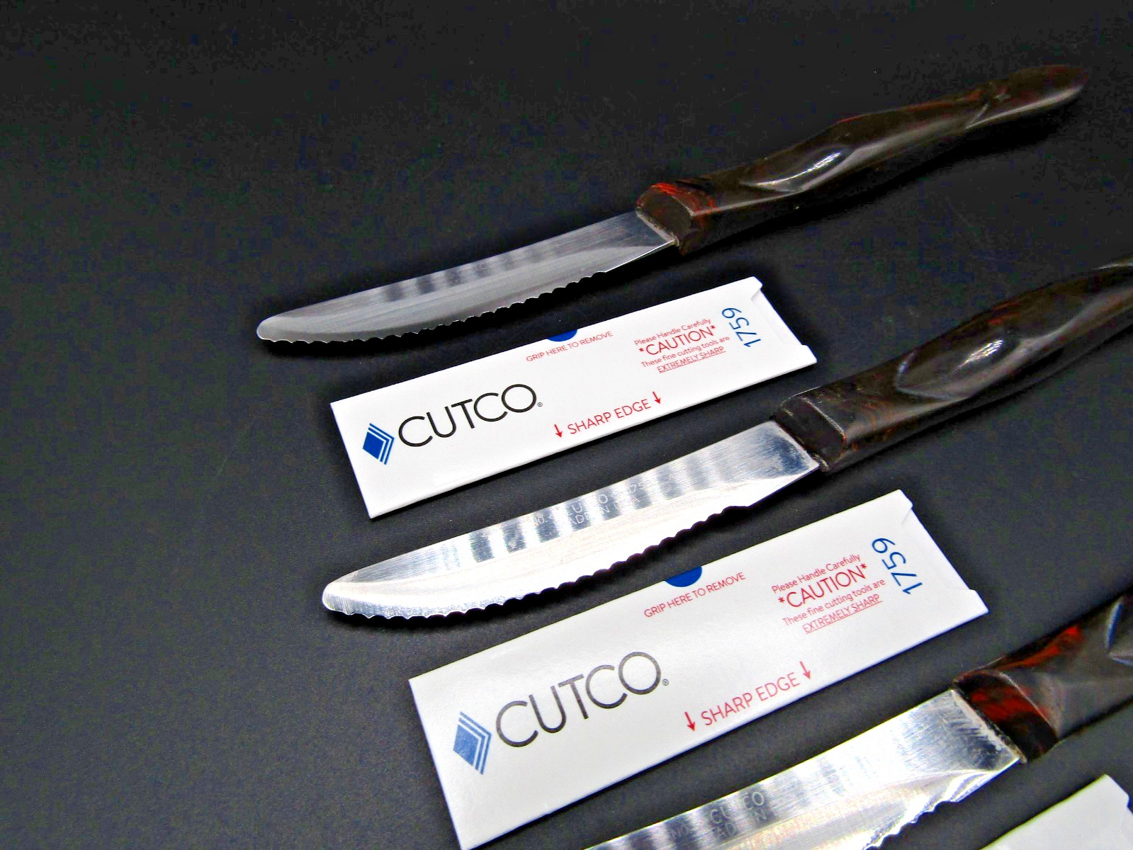 Quality Cutco x4 Lot Table 1759 A78 Serrated Knives Orange Swirl Handle Serviced