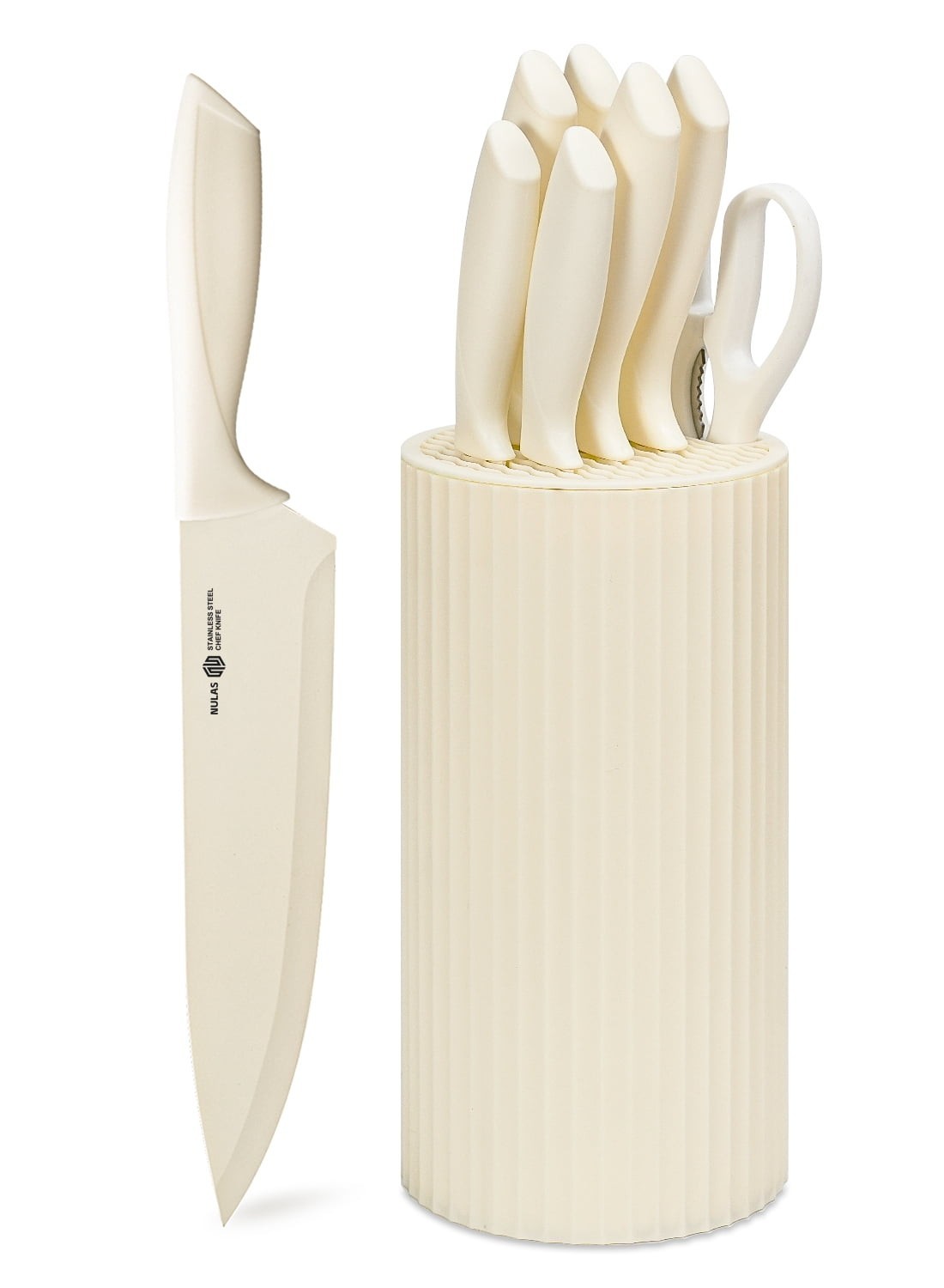 New NULAS 8 Piece Kitchen Knife Set with Block Cream White Fast Shipping
