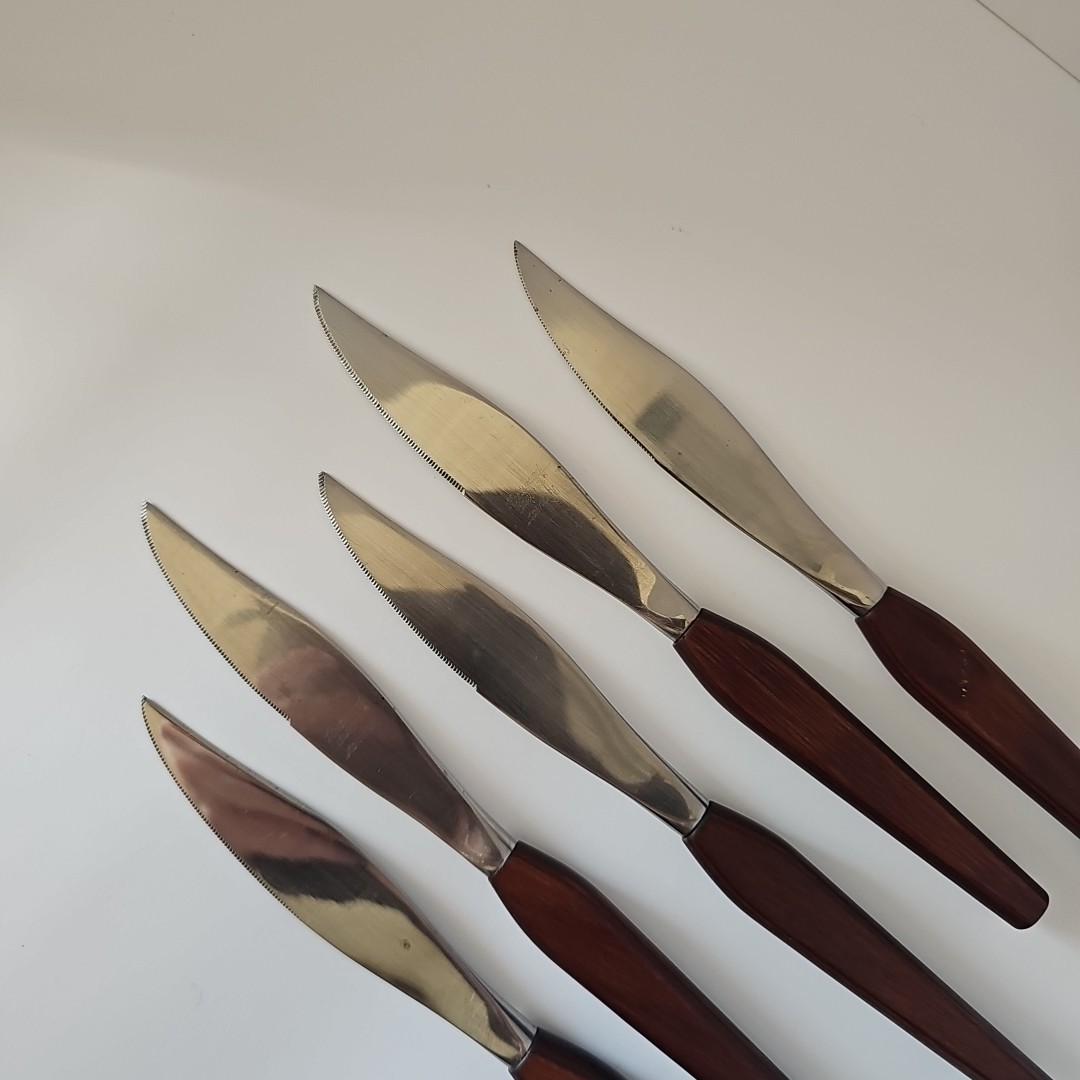 Fleetwood Designer Steak Knives Set Of Five Stainless & Teak MCM -D4