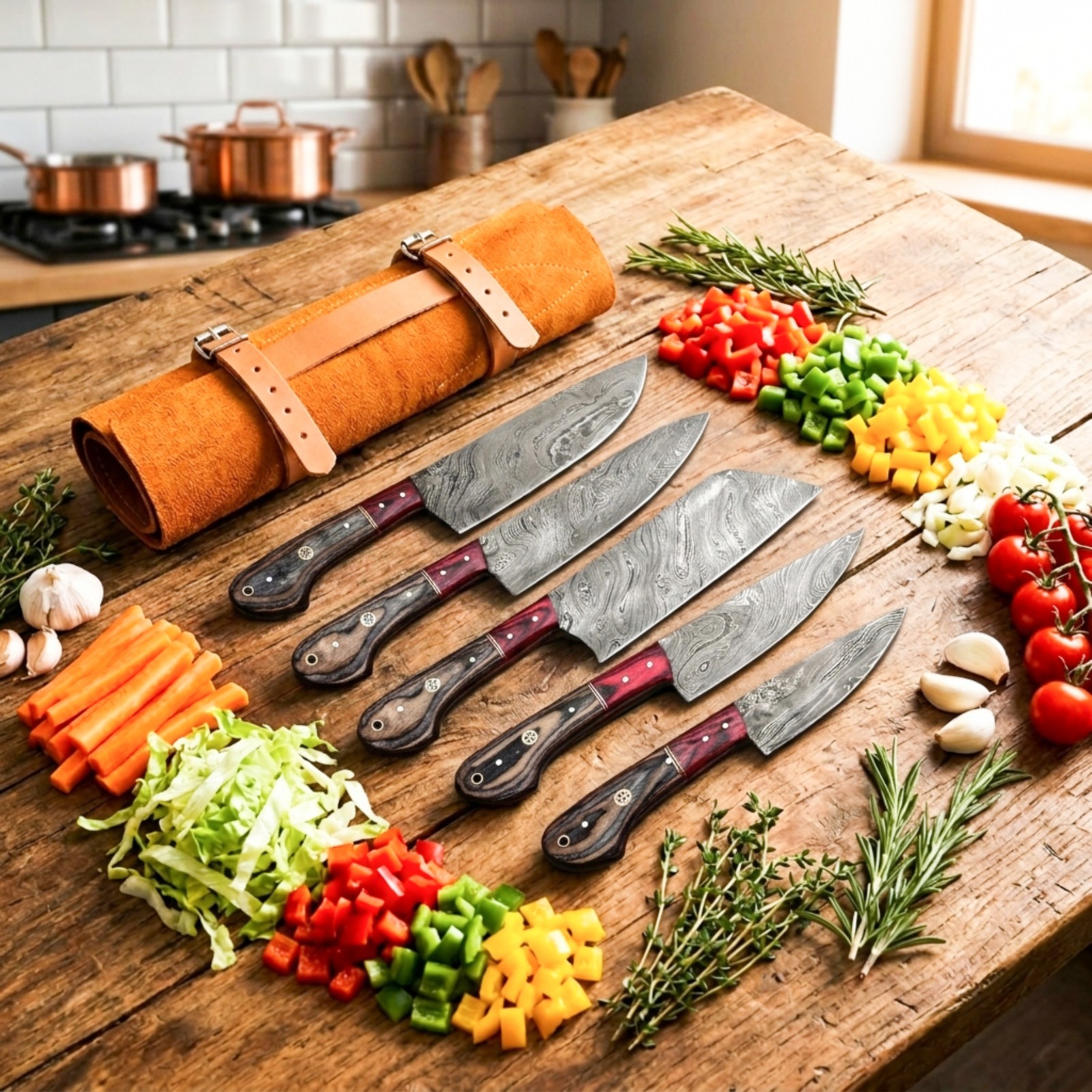 Handmade Damascus Steel Kitchen Knife Set – 5 Pc Chef Knives / Rosewood Handle